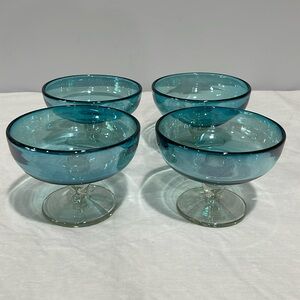 Hand Blown In Mexico Blue Iridescent Glass Dessert Cups Glasses Set Of 4
